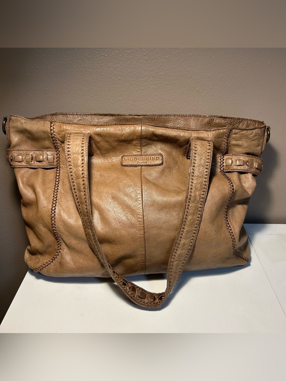 Liebeskind Berlin Brown Soft Leather Tote Shoulder Bag Stitching Double Handle